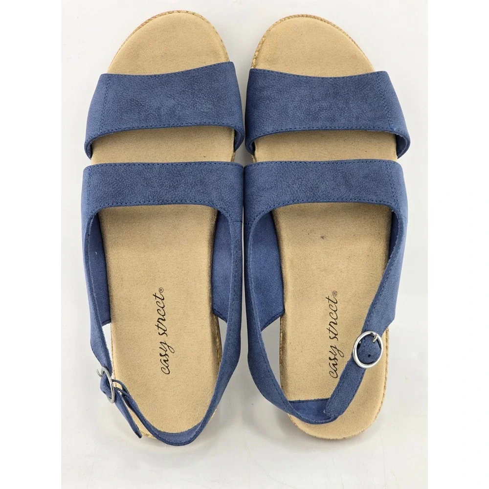 Easy Street Wedge Sandals Womens 10WW Blue Slingback Espadrille -Excellent
